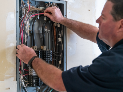 A man is working on an electrical panel