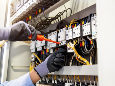 A person in gloves and gloves working on an electrical panel