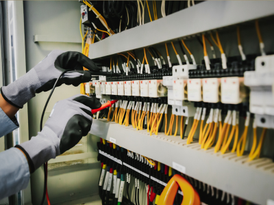 A person is working on electrical equipment in a room